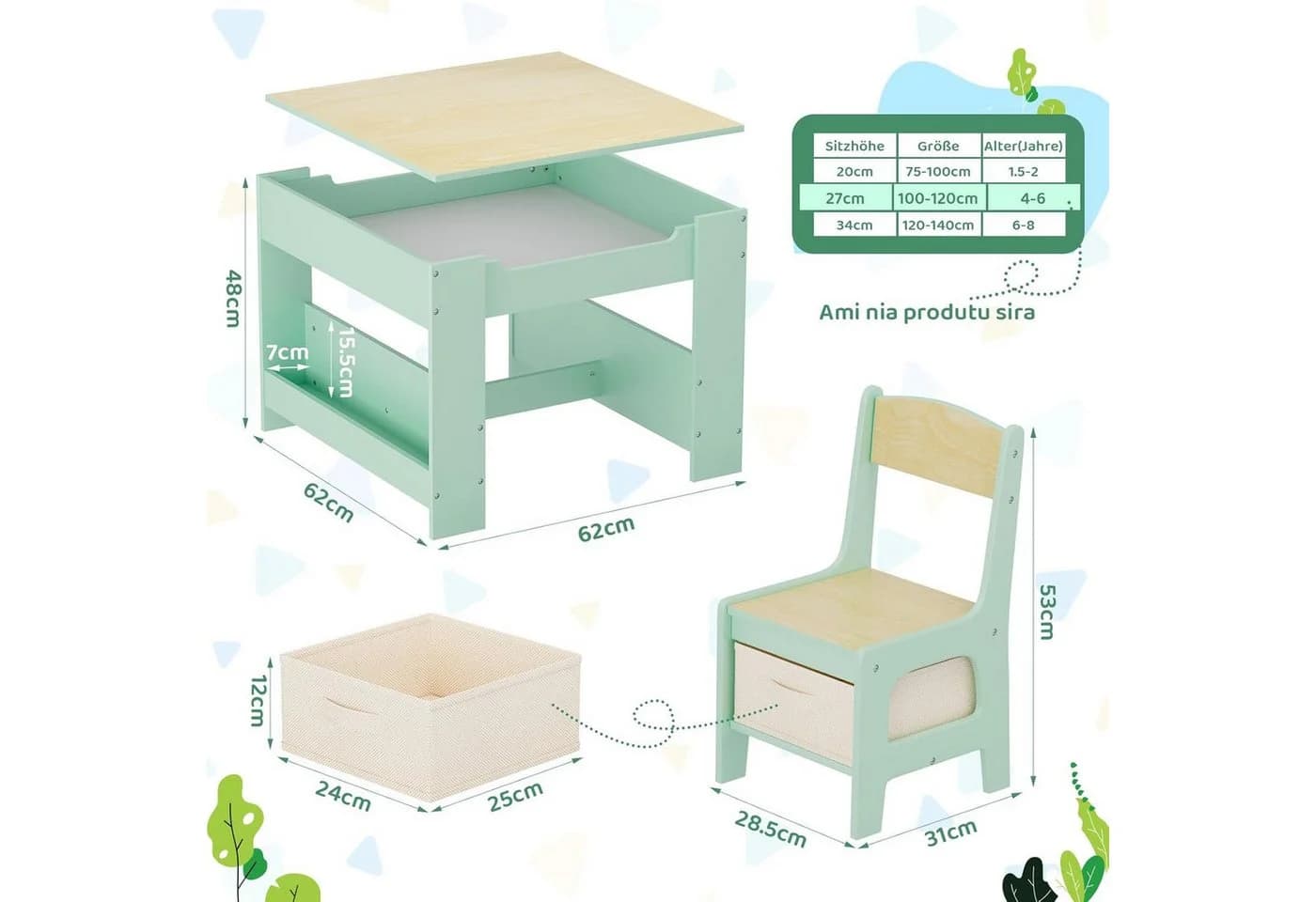 TLGREEN Kindersitzgruppe 3-in-1 Multifunktional Grün mit Whiteboard & Stauraum