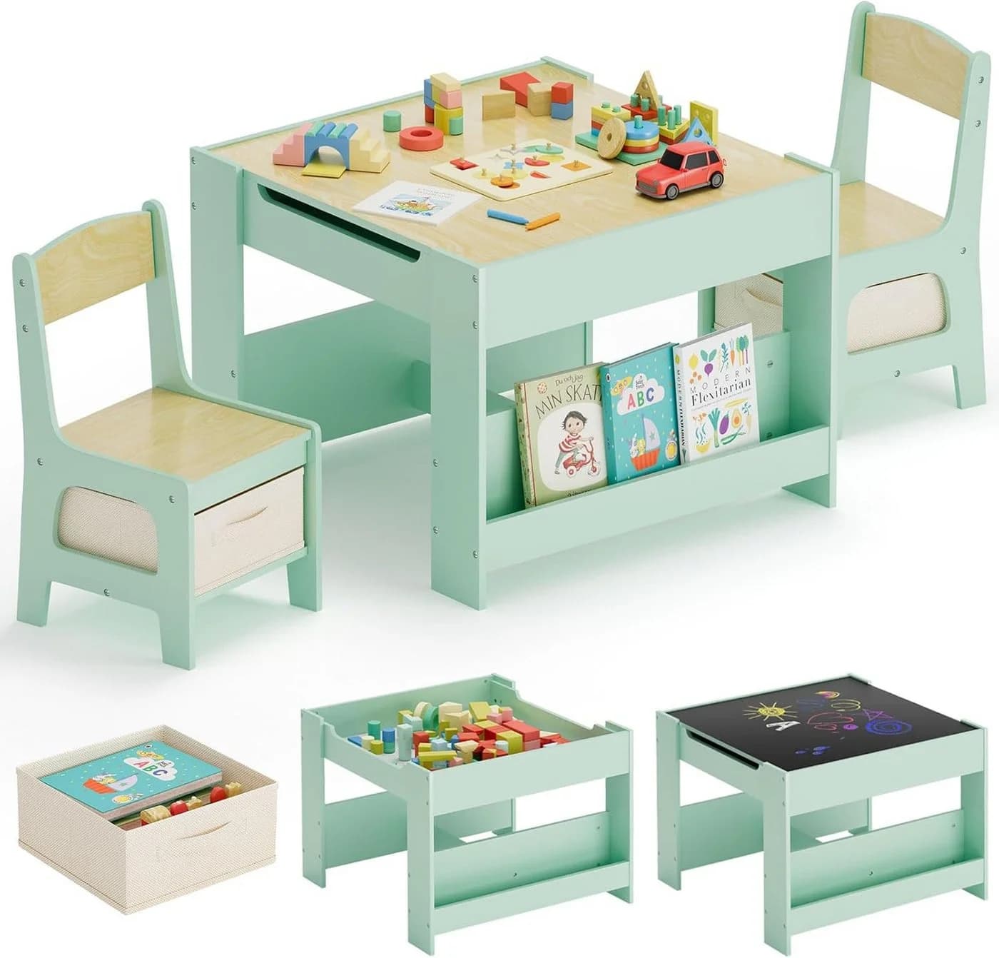 TLGREEN Kindersitzgruppe 3-in-1 Multifunktional Grün mit Whiteboard & Stauraum - Bild 2