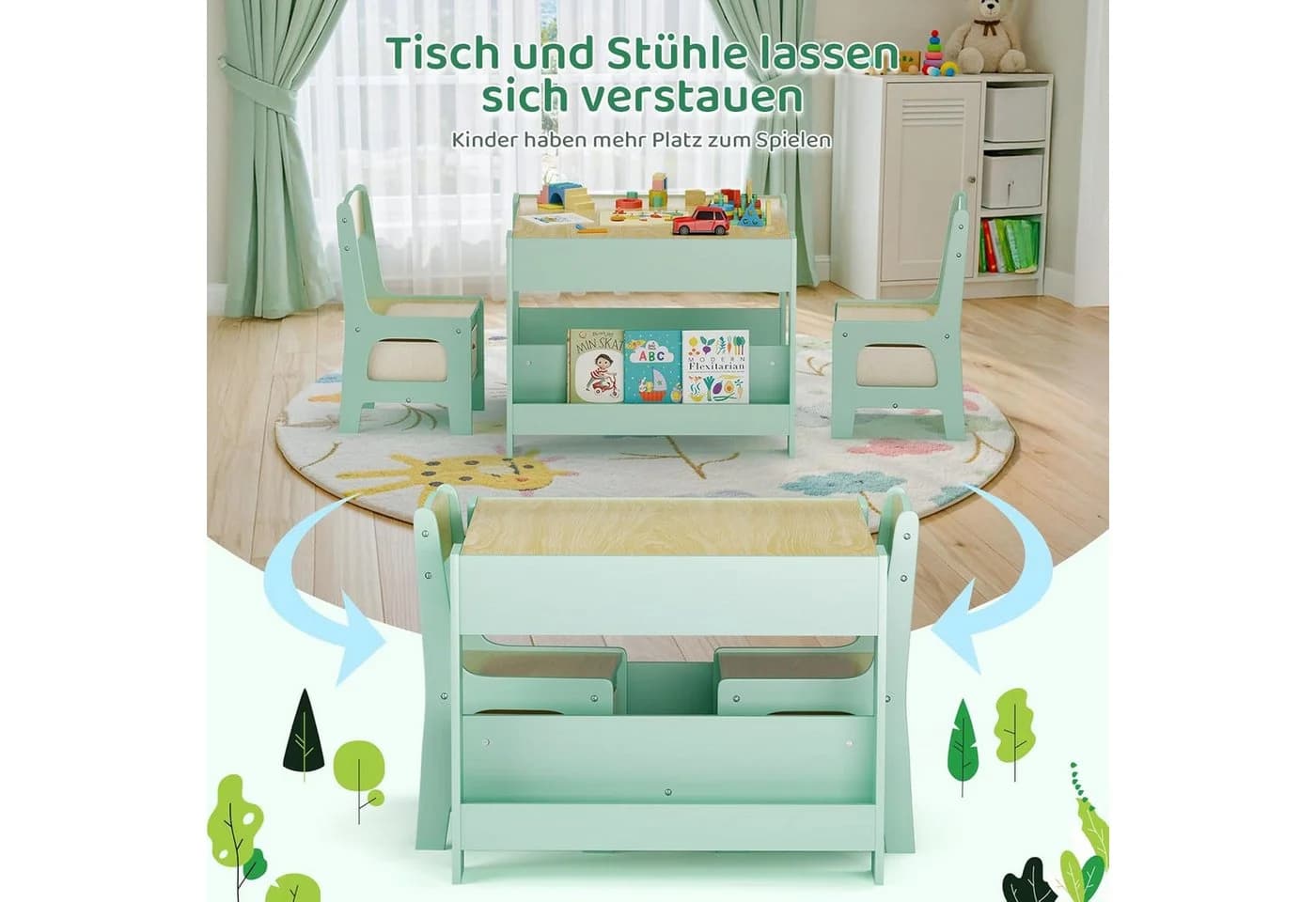 TLGREEN Kindersitzgruppe 3-in-1 Multifunktional Grün mit Whiteboard & Stauraum - Bild 3