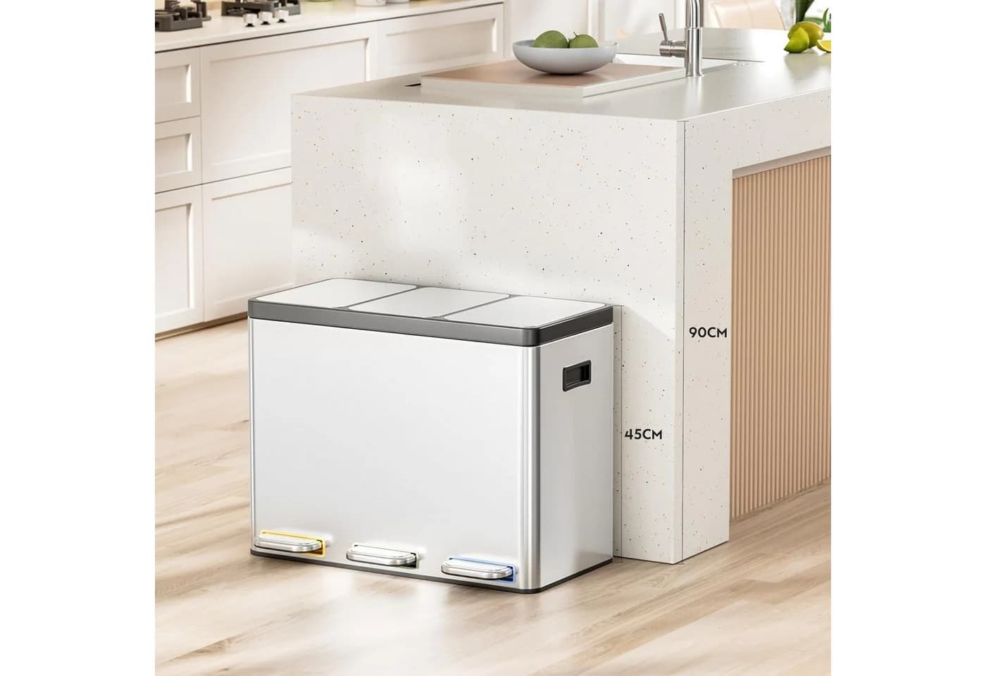 TLGREEN Mülltrennsystem 3x15L Edelstahl mit Soft-Close & Fußpedal
