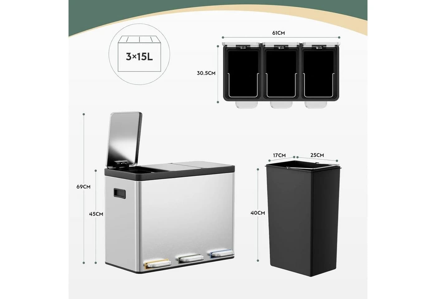 TLGREEN Mülltrennsystem 3x15L Edelstahl mit Soft-Close & Fußpedal - Bild 3