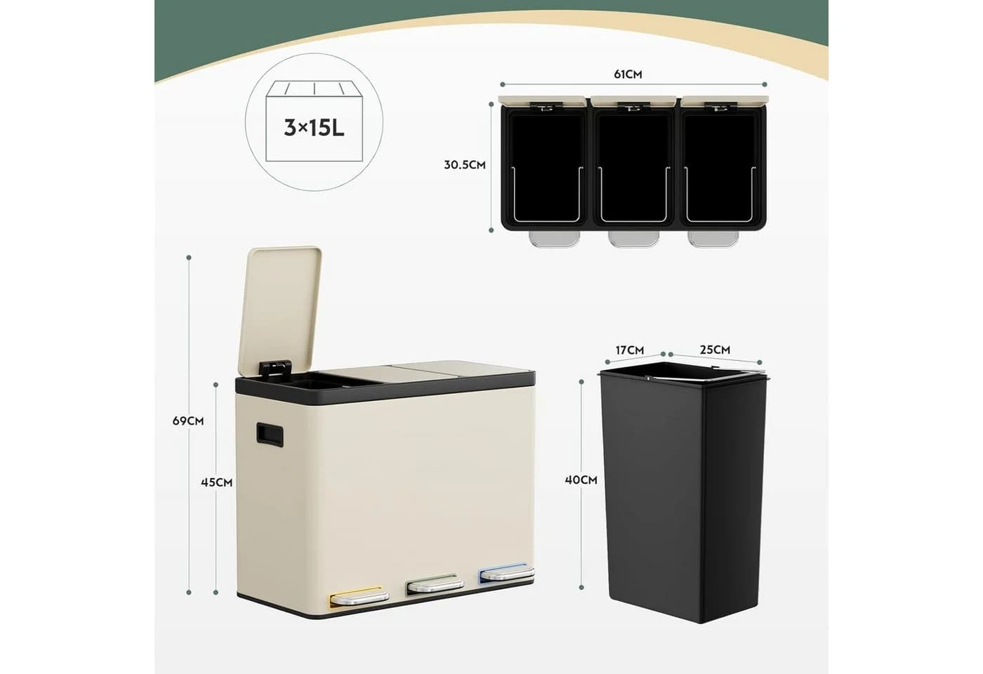 TLGREEN Mülltrennsystem 3x15L Edelstahl mit Soft-Close und Fußpedal - Bild 3