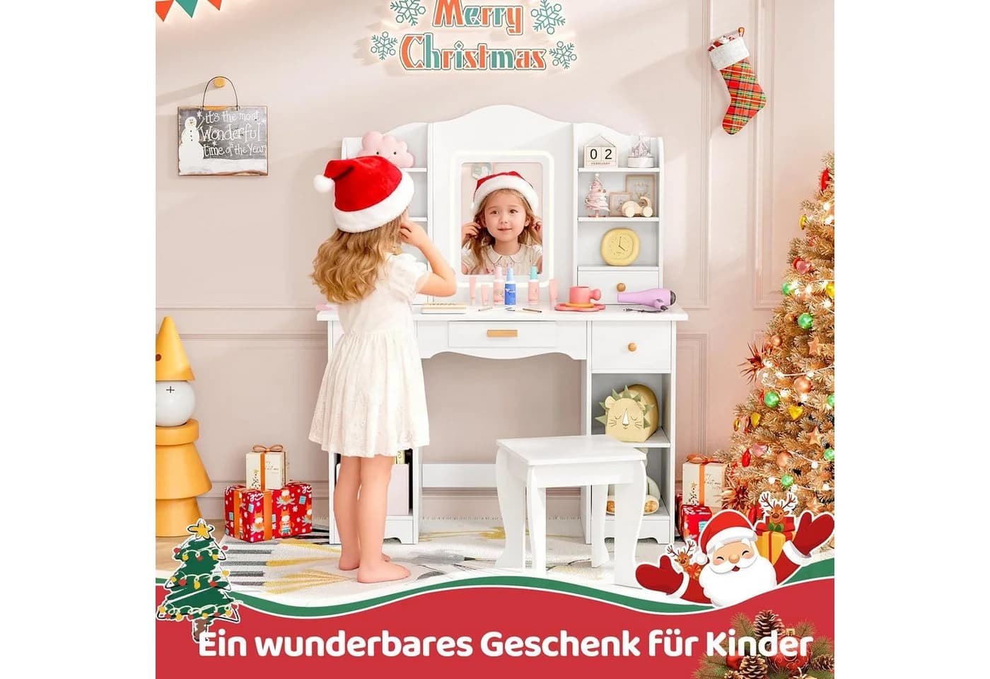 TLGREEN Schminktisch LED beleuchtet mit Spiegel 5 Schubladen Weiß