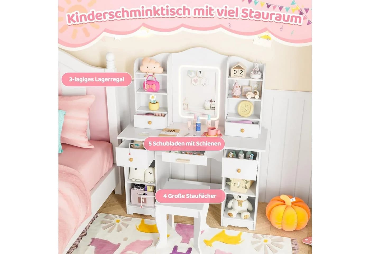 TLGREEN Schminktisch LED beleuchtet mit Spiegel 5 Schubladen Weiß - Bild 4