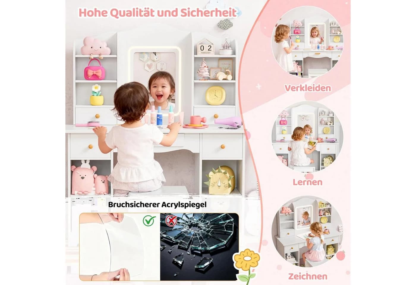TLGREEN Schminktisch LED beleuchtet mit Spiegel 5 Schubladen Weiß - Bild 5
