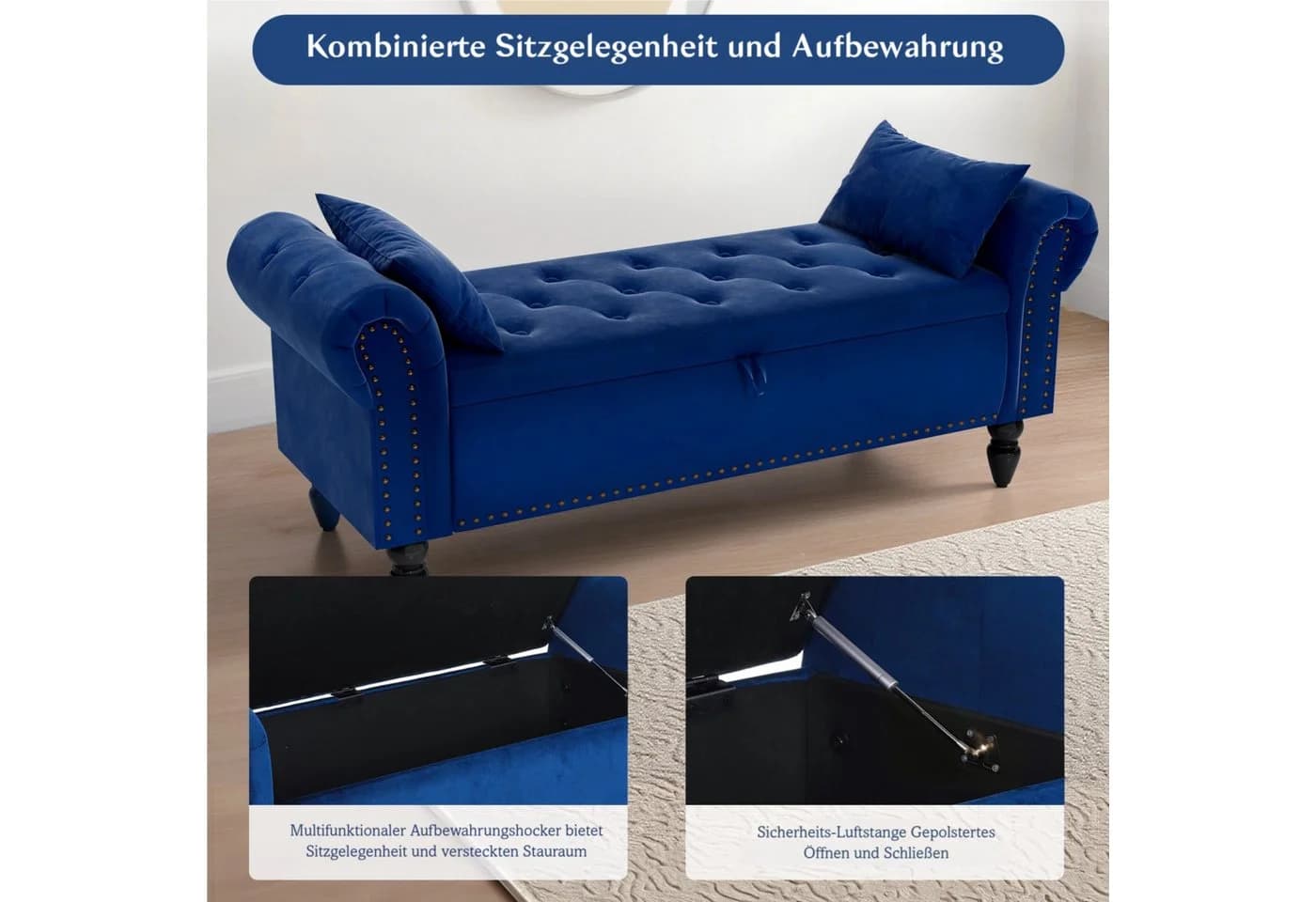 TLGREEN Sitzbank mit Stauraum 133x53x46 cm Beige/Dunkelgrau/Blau - Bild 3