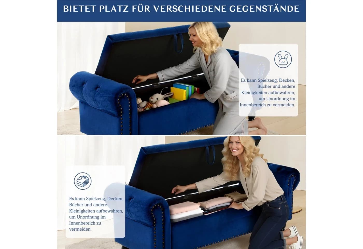 TLGREEN Sitzbank mit Stauraum 133x53x46 cm Beige/Dunkelgrau/Blau - Bild 4