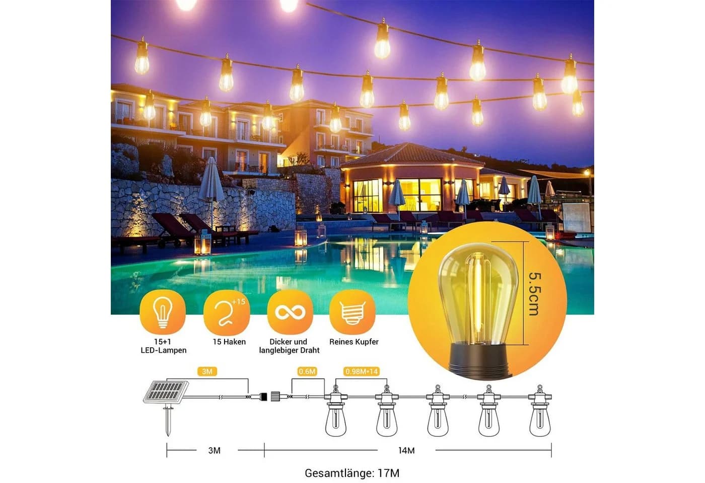 Quntis LED Solarleuchte Solar Lichterkette Warmweiß 12,5m - Bild 5