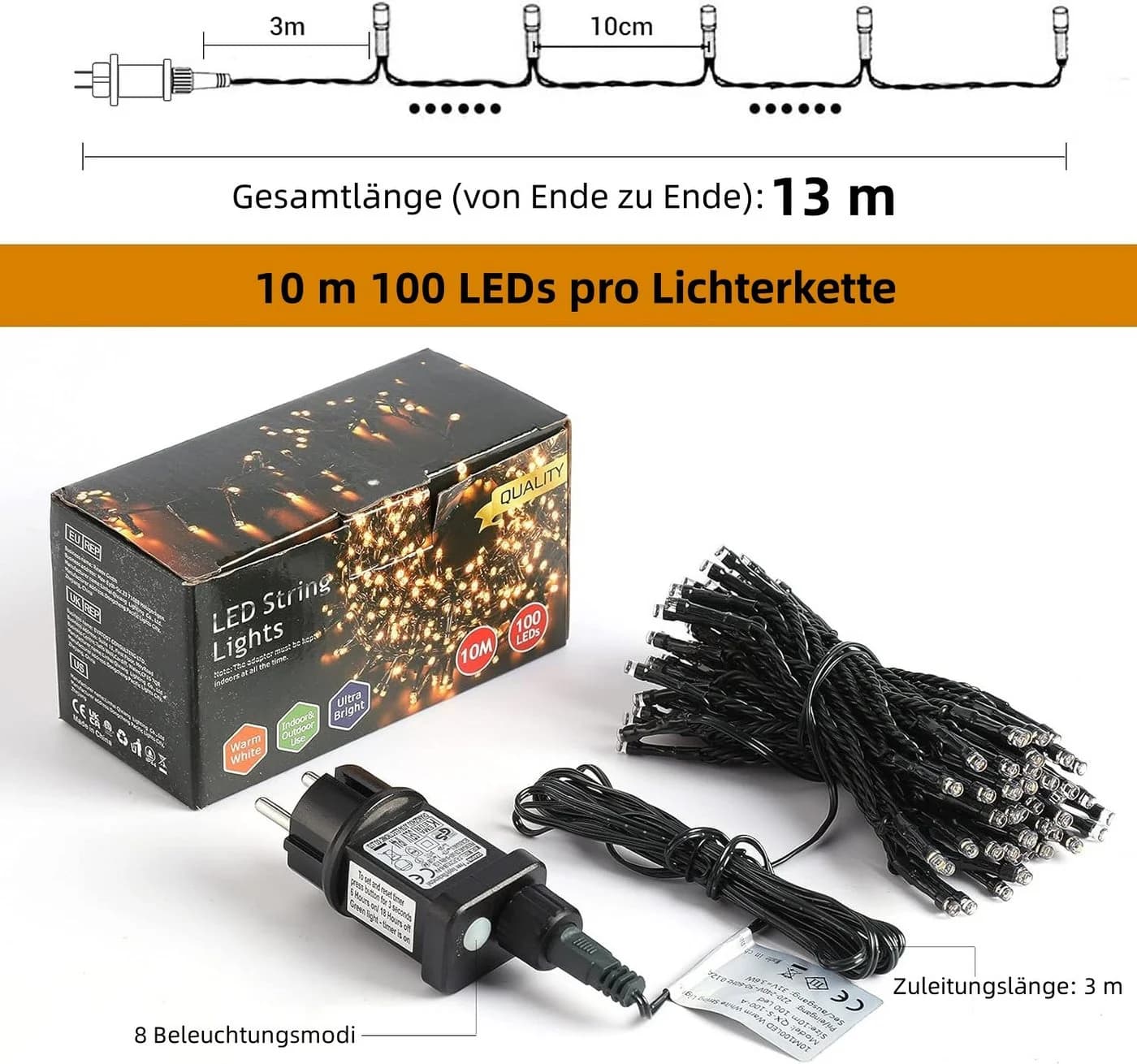 Elegear LED-Lichterkette 10-100M Warmweiß 8 Modi Lichtervorhang Weihnachtsbaum Deko - Bild 5