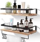 Holz Lichter Wandregal Schweberegal Küchenregal Badregal 2 Ebenen Wandboard mit 6 Haken 2er Set Bild 2