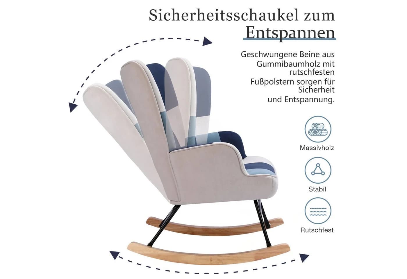 HomeMiYN Schaukelstuhl Samt Metallgestell Holzsockel Blau - Bild 3