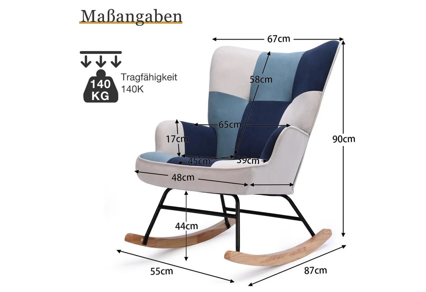 HomeMiYN Schaukelstuhl Samt Metallgestell Holzsockel Blau - Bild 4
