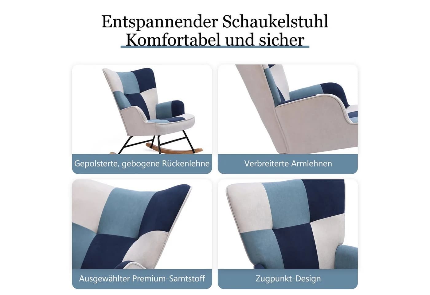 HomeMiYN Schaukelstuhl Samt Metallgestell Holzsockel Blau - Bild 5
