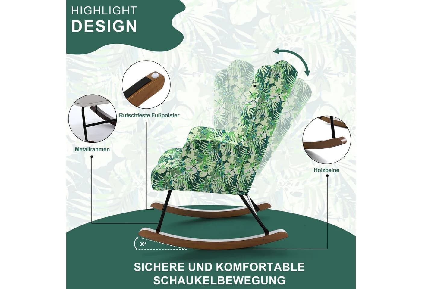 HomeMiYN Schaukelstuhl mit Metallgestell und Holzsockel, Grün - Bild 3