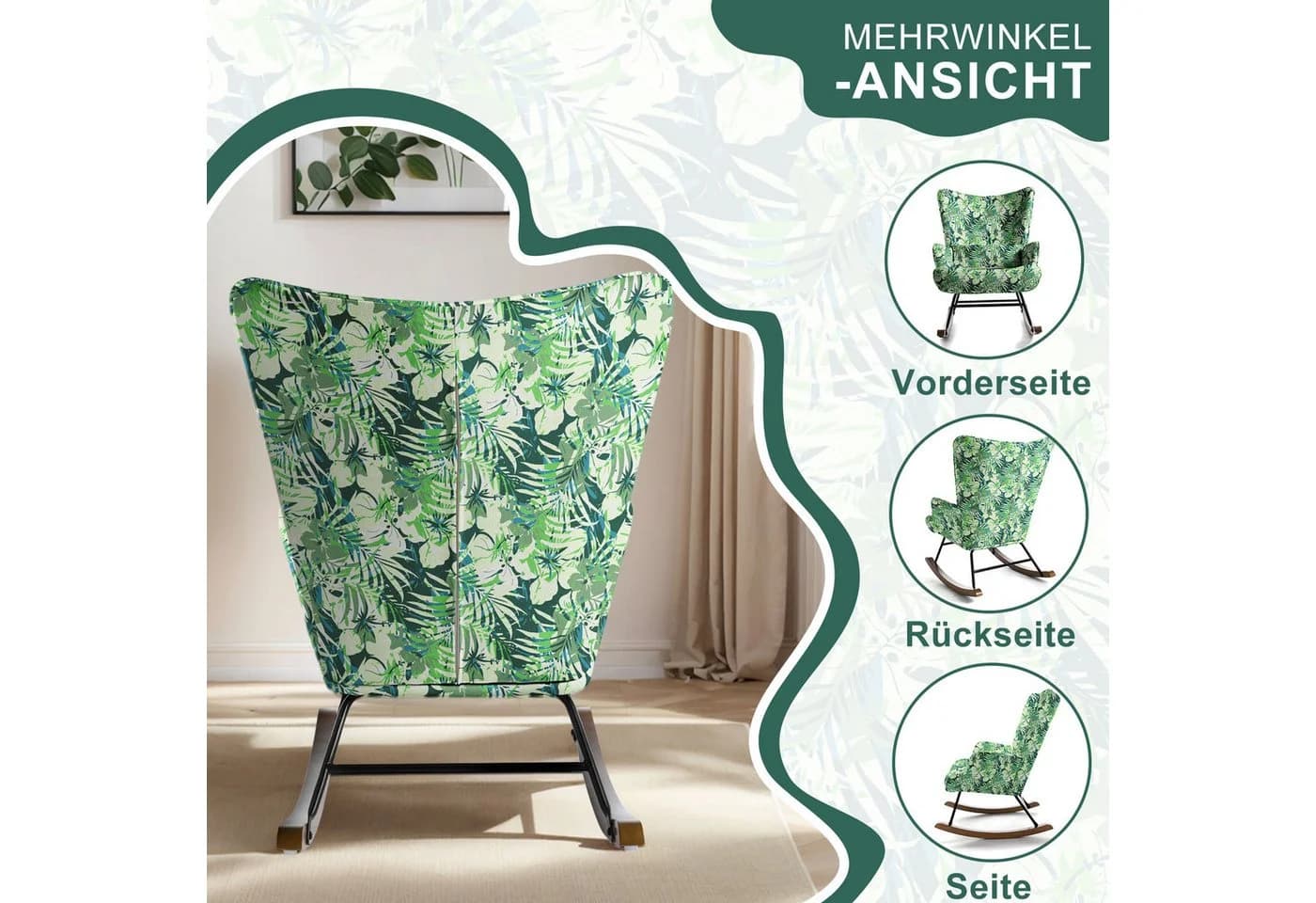 HomeMiYN Schaukelstuhl mit Metallgestell und Holzsockel, Grün - Bild 5