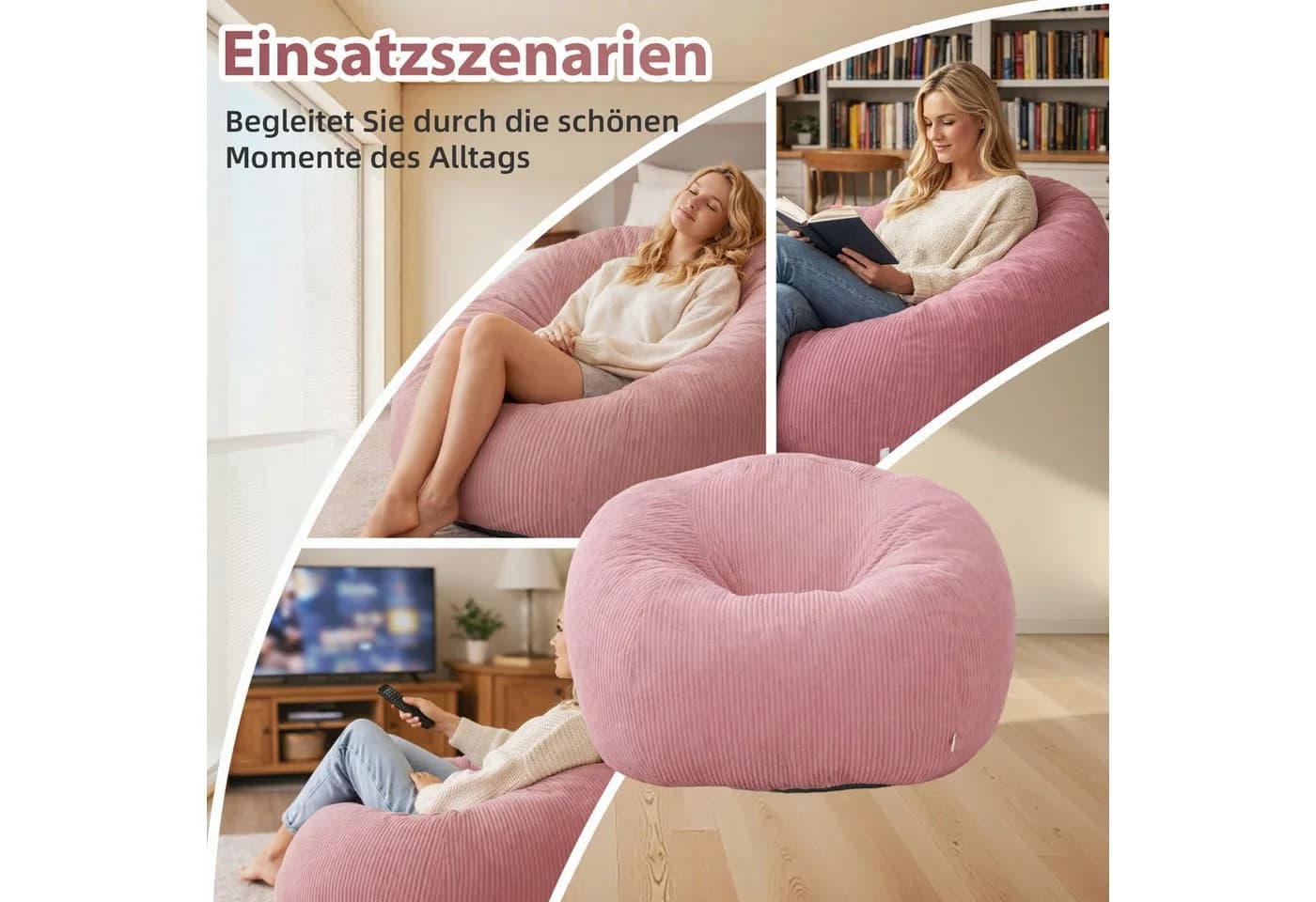HomeMiYN Sitzsack Rund XXL Rosa Cord Sofa - Bild 3