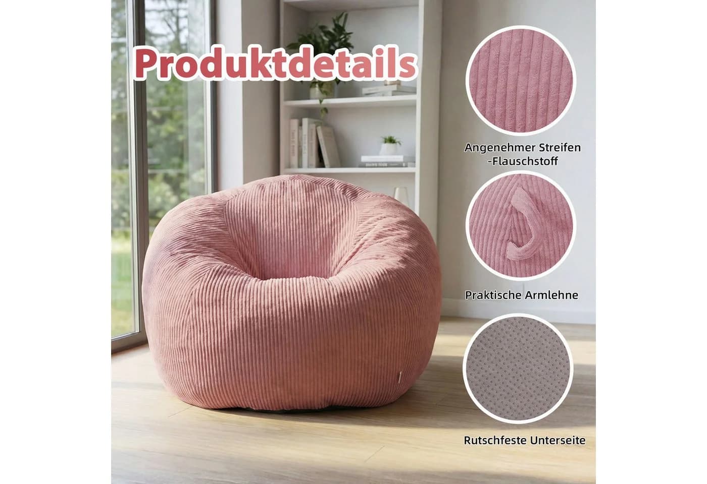 HomeMiYN Sitzsack Rund XXL Rosa Cord Sofa - Bild 4