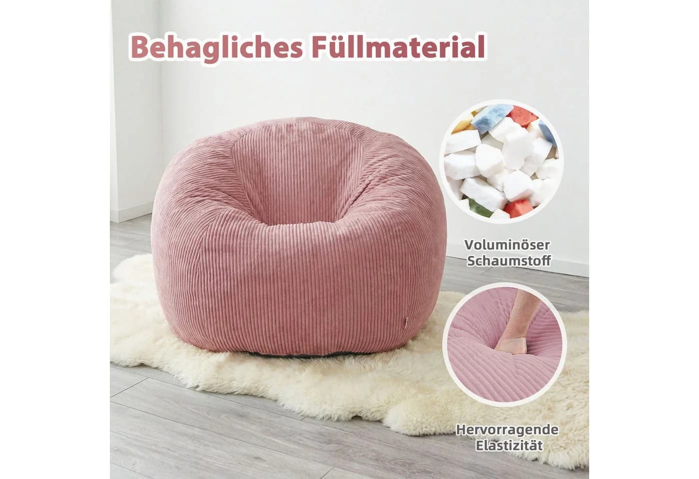 HomeMiYN Sitzsack Rund XXL Rosa Cord Sofa - Bild 5