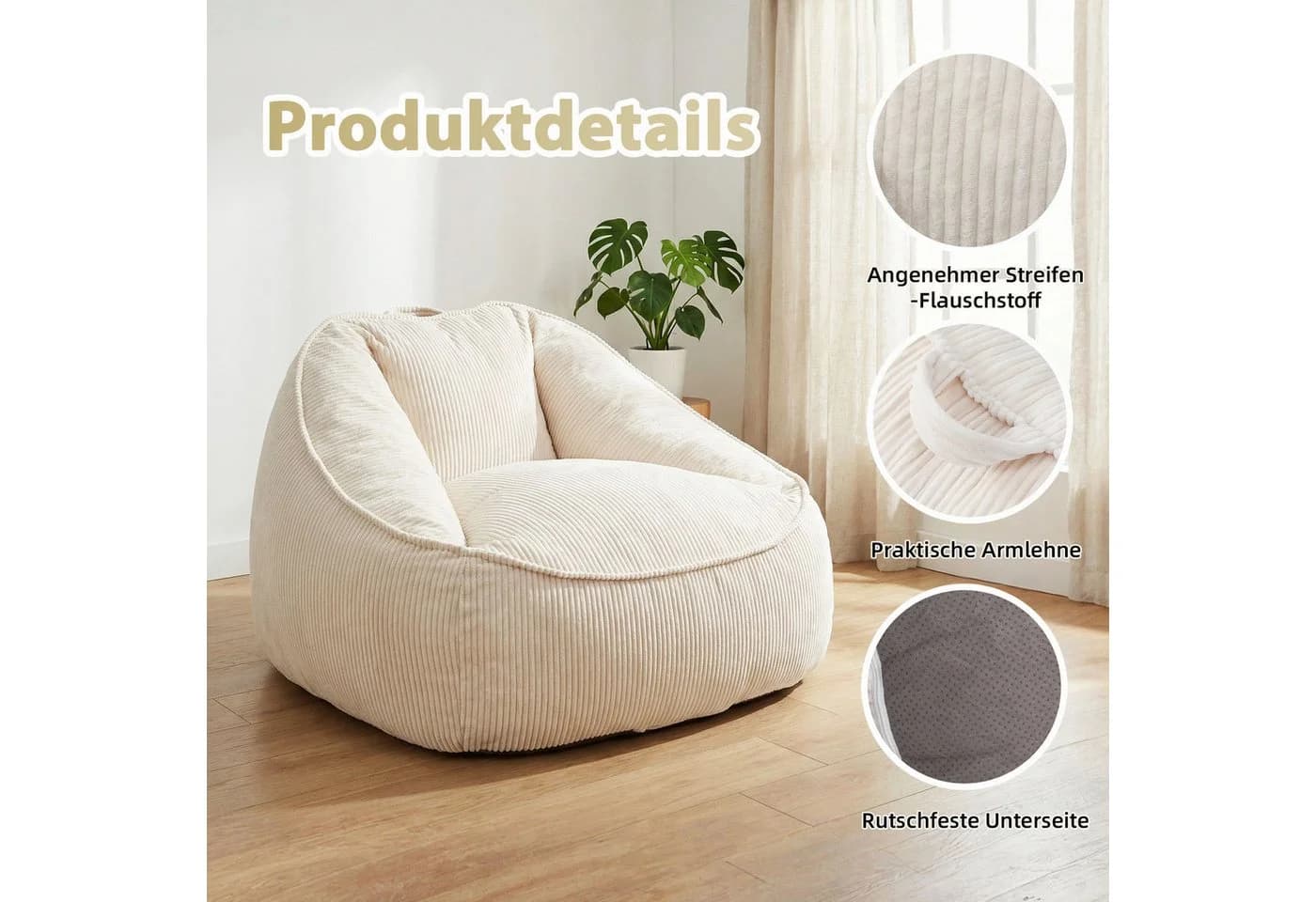 HomeMiYN Sitzsack „Birne“ Cord Beige Ergonomisch - Bild 3