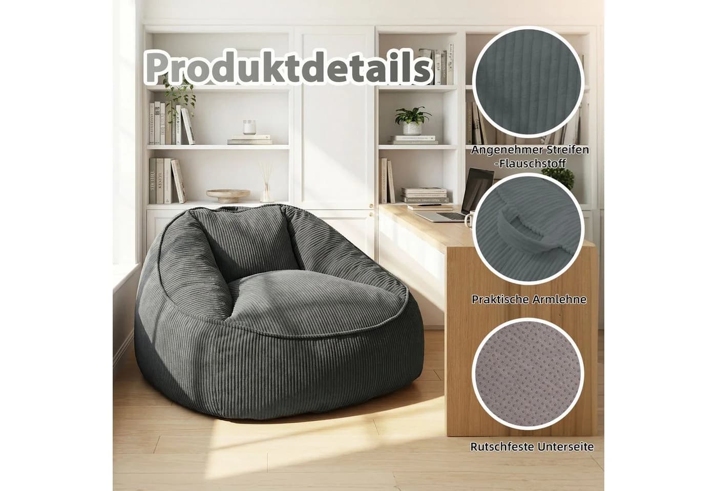 HomeMiYN Sitzsack Birne Grau Cord Sessel