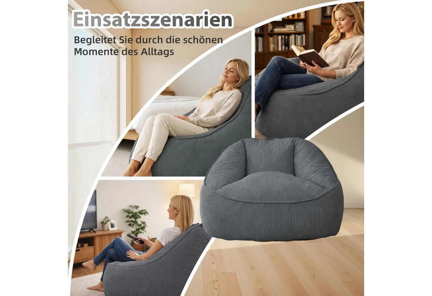 HomeMiYN Sitzsack Birne Grau Cord Sessel - Bild 3