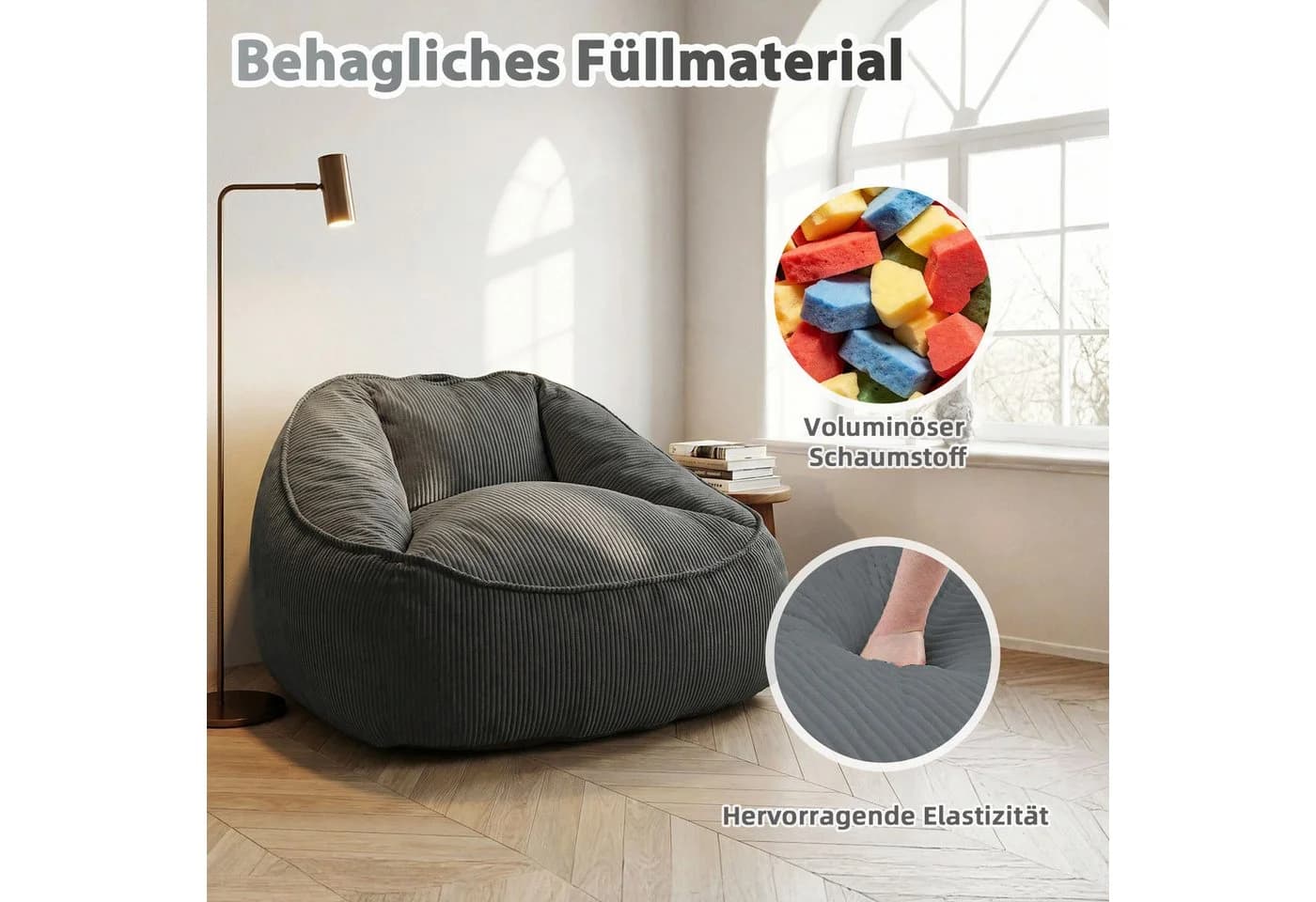 HomeMiYN Sitzsack Birne Grau Cord Sessel - Bild 4