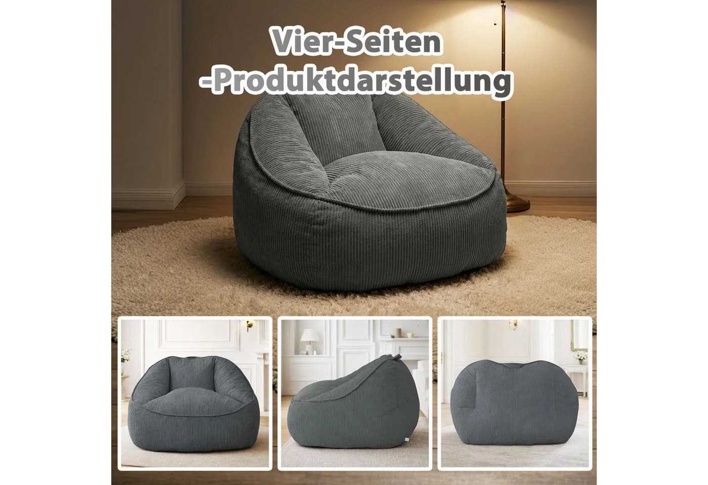 HomeMiYN Sitzsack Birne Grau Cord Sessel - Bild 5