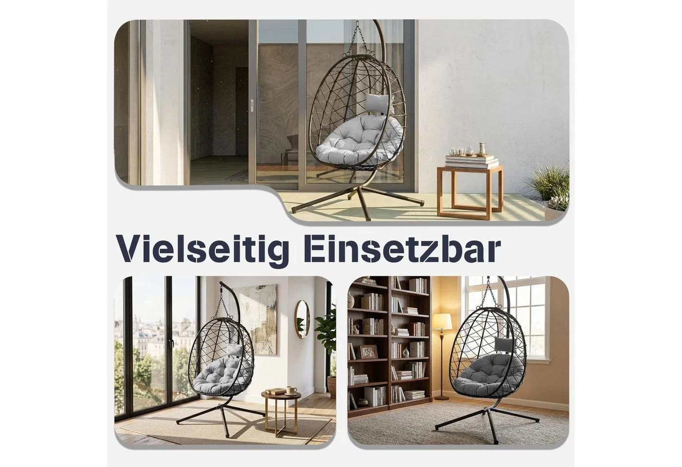 HomeMiYN Hängesessel mit Komfortpolsterung Grau Innen/Außen - Bild 3