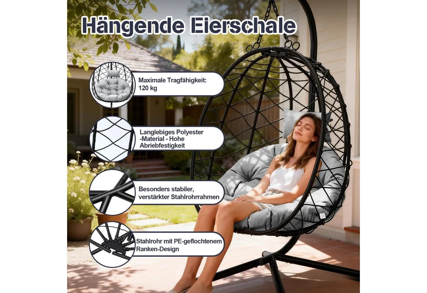 HomeMiYN Hängesessel mit Komfortpolsterung Grau Innen/Außen - Bild 4