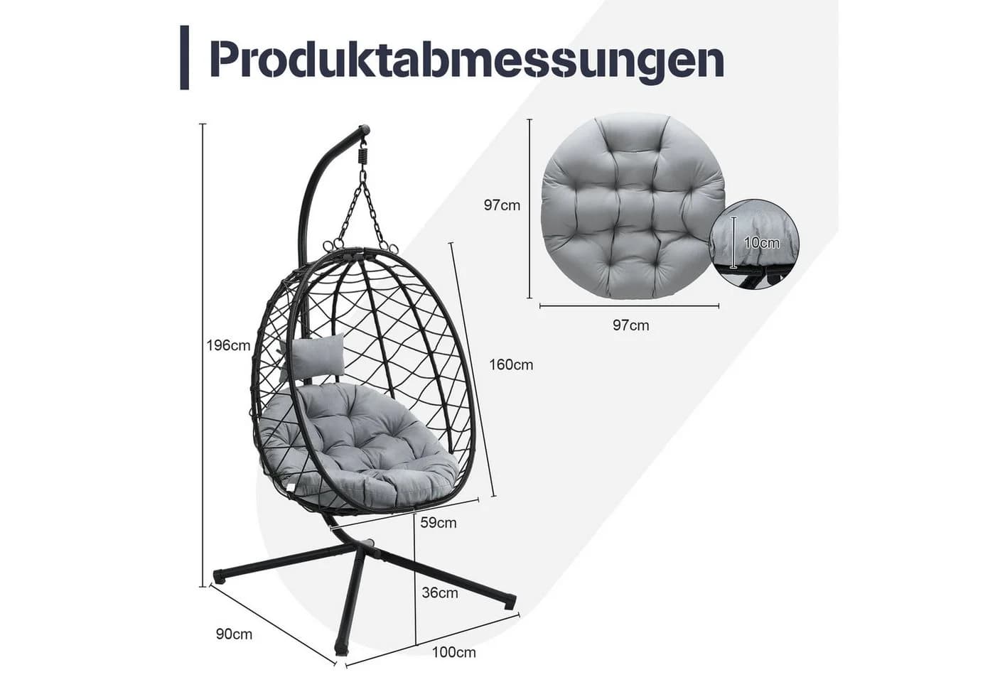 HomeMiYN Hängesessel mit Komfortpolsterung Grau Innen/Außen - Bild 5