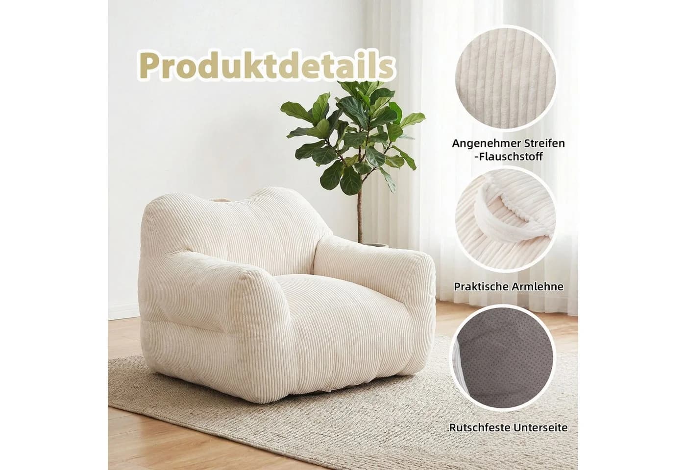 HomeMiYN Sitzsack „Cube“ Cord Creme – Ergonomischer Riesen-Sitzsack - Bild 3