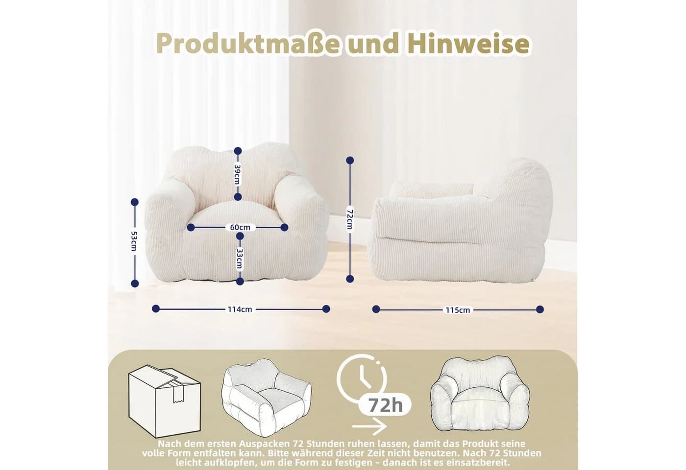 HomeMiYN Sitzsack „Cube“ Cord Creme – Ergonomischer Riesen-Sitzsack - Bild 5
