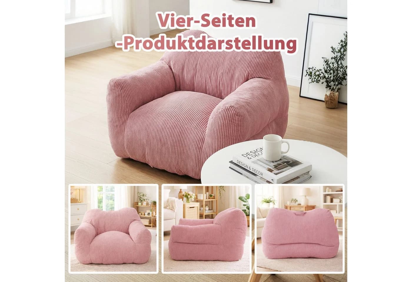HomeMiYN Sitzsack „Cube“ Rosa Cord mit Tragegriff - Bild 4