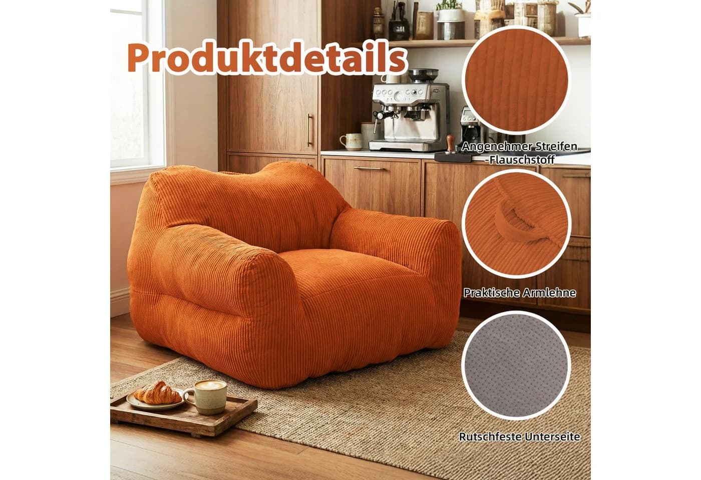 HomeMiYN Sitzsack „Cube“ aus Cord Orange – Ergonomischer Riesen-Sessel - Bild 3
