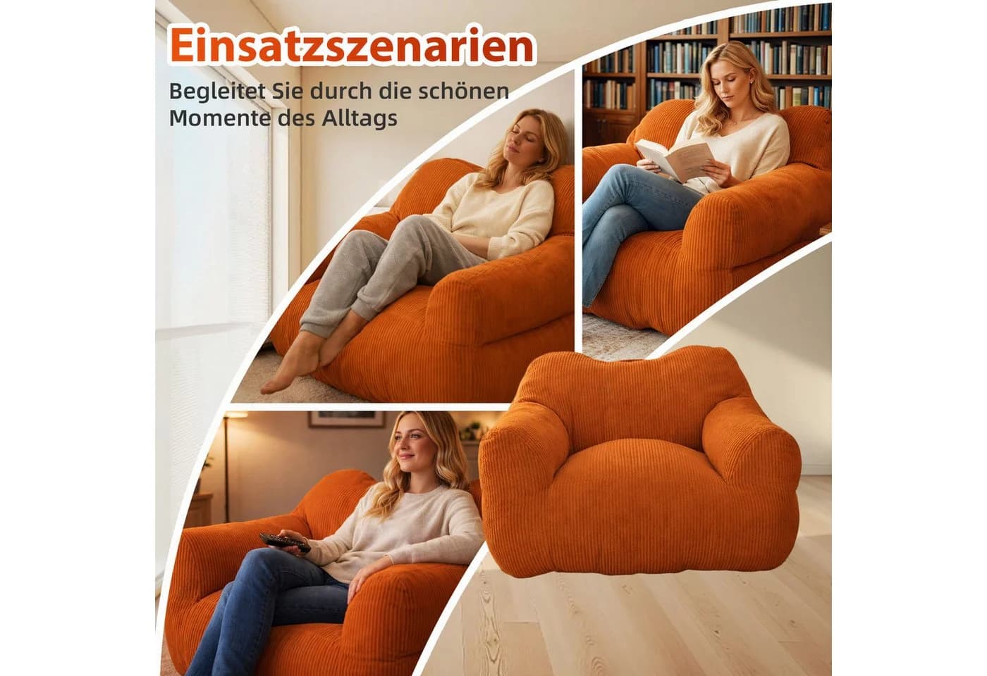HomeMiYN Sitzsack „Cube“ aus Cord Orange – Ergonomischer Riesen-Sessel - Bild 5
