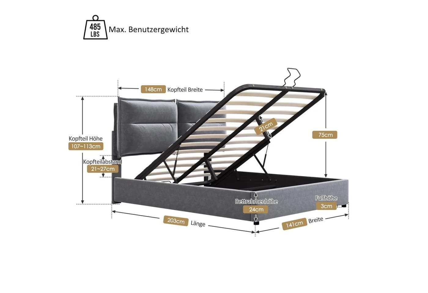 Ulife Boxspringbett Grau Polsterbett hydraulisch Doppelbett 140x200cm - Bild 3