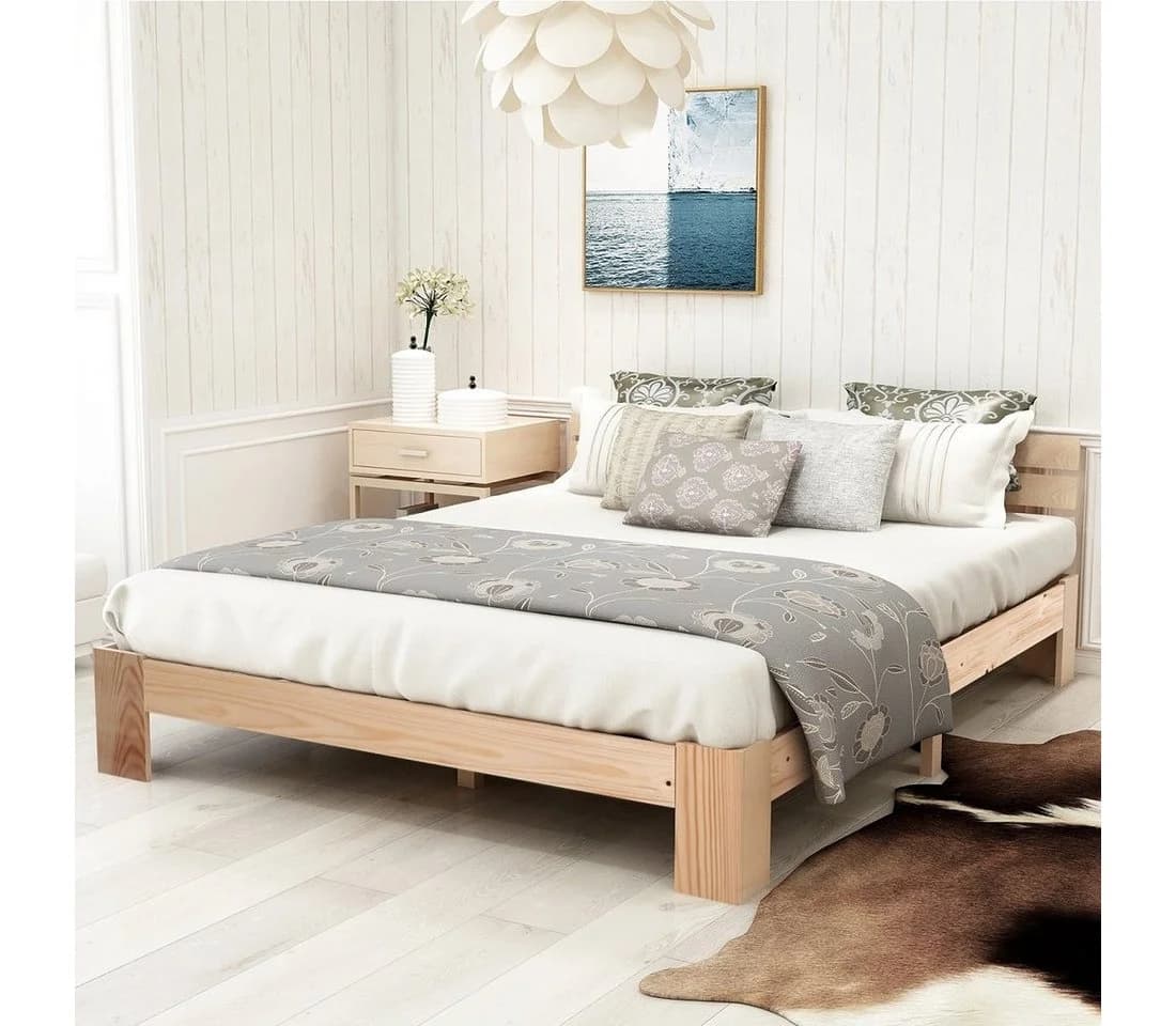 Ulife Massivholzbett Natur Doppelbett Bettgestell mit Kopfteil 140 x 200 cm