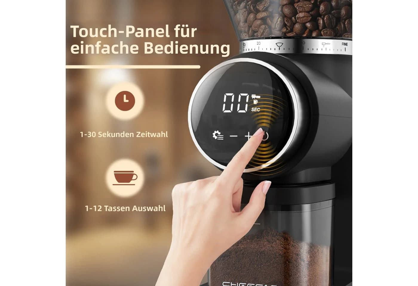 CHEFFANO Kaffeemühle Schwarz mit konischem Mahlwerk und 30 Mahlgradstufen - Bild 4