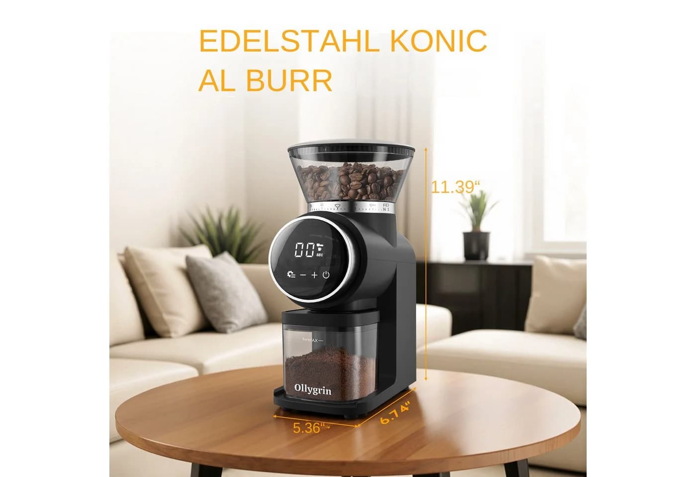 CHEFFANO Kaffeemühle Schwarz mit konischem Mahlwerk und 30 Mahlgradstufen - Bild 5