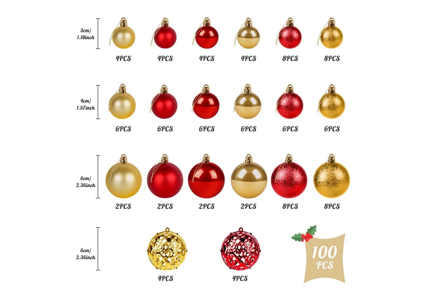 lindahandel 100er Set Weihnachtsbaumkugeln Gold & Rot Kunststoff