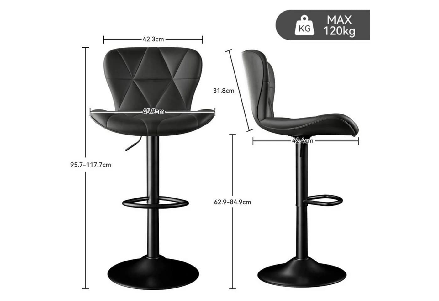 HawthyHome Barhocker 2er Set Schwarz Höhenverstellbar 360° Drehbar