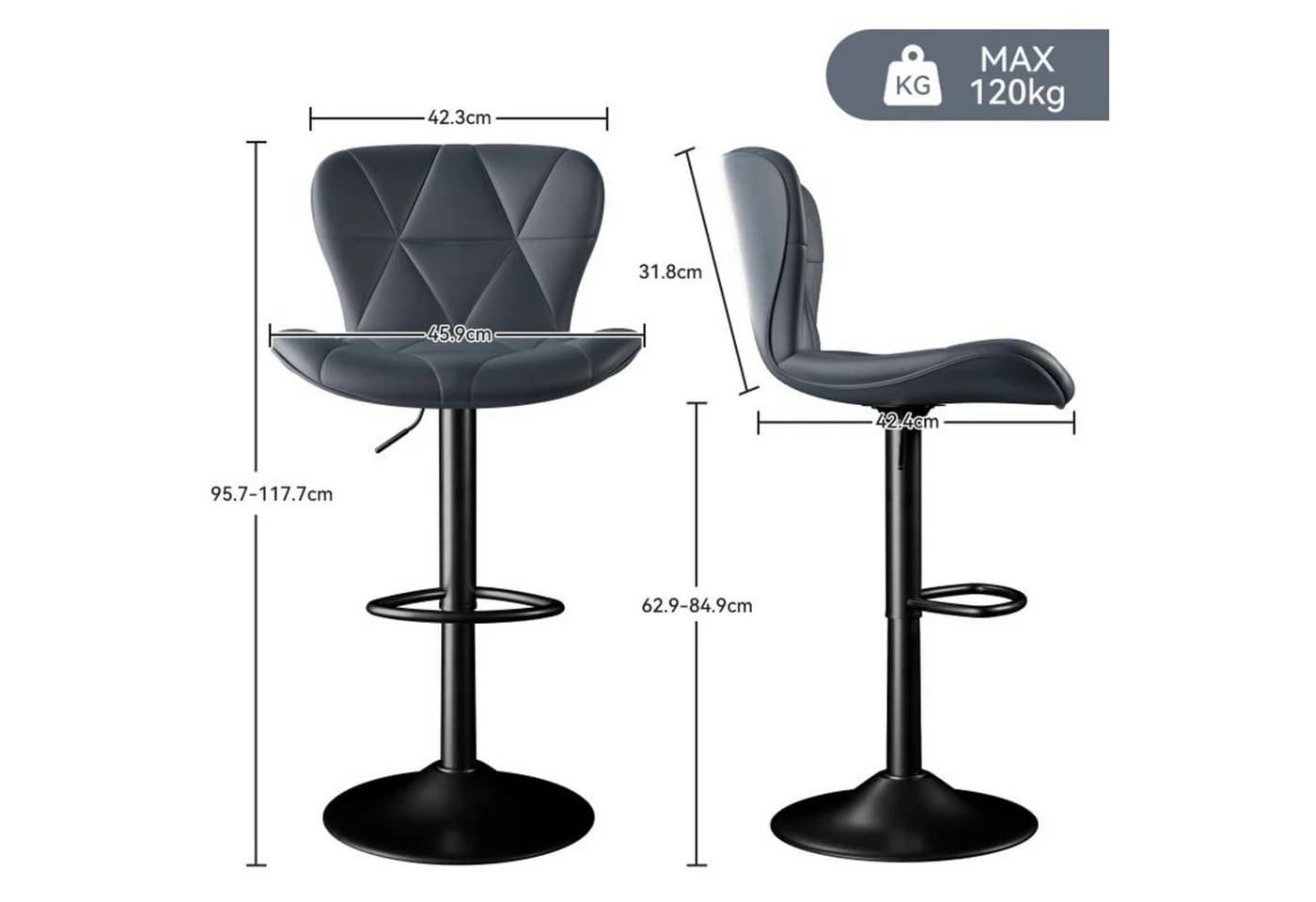 HawthyHome Barhocker Set 2er, Höhenverstellbar, Rückenlehne, 360° Drehbar