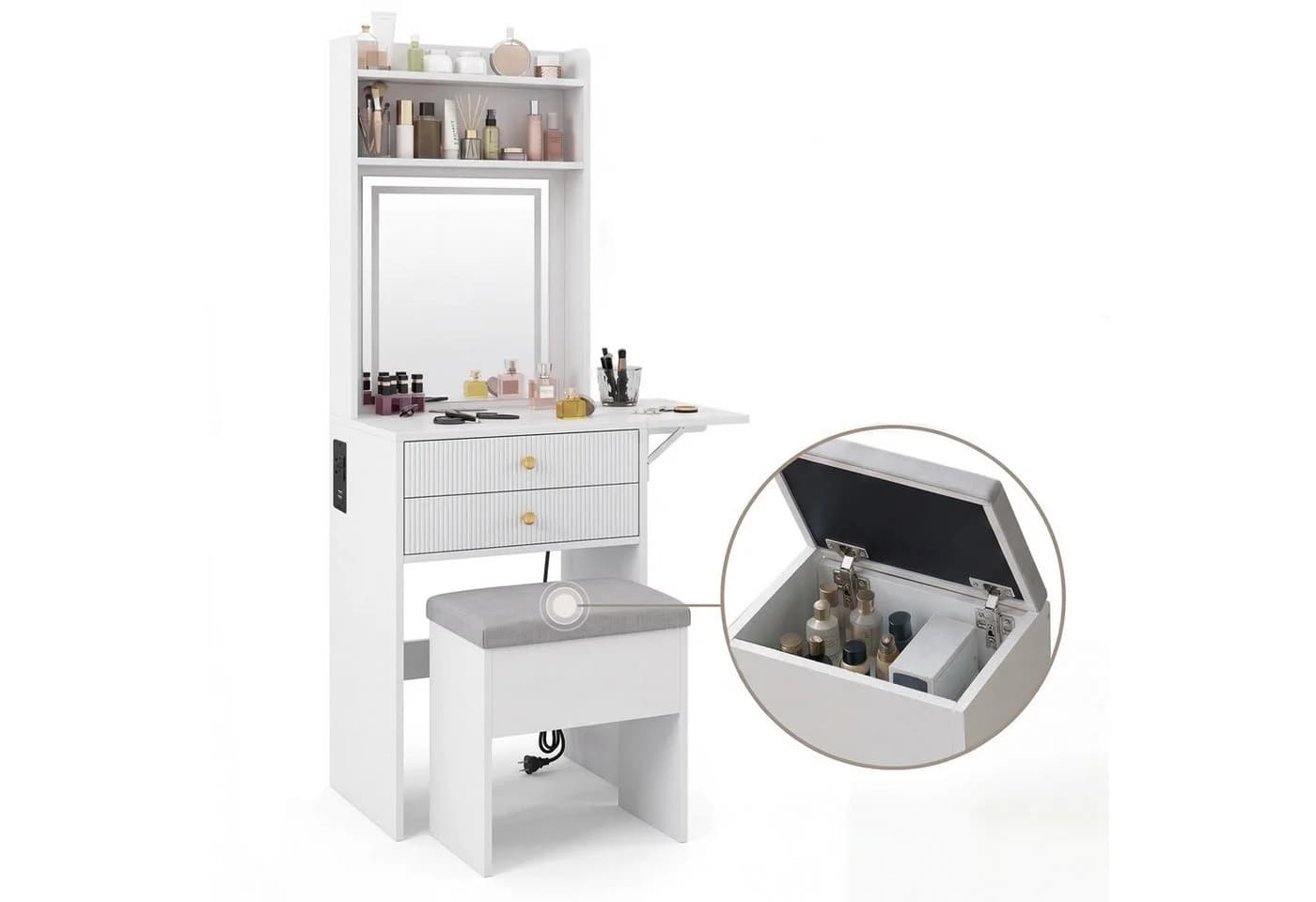 GarveeMore Schminktisch mit LED-Spiegel und Hocker Weiß/Gold - Bild 2