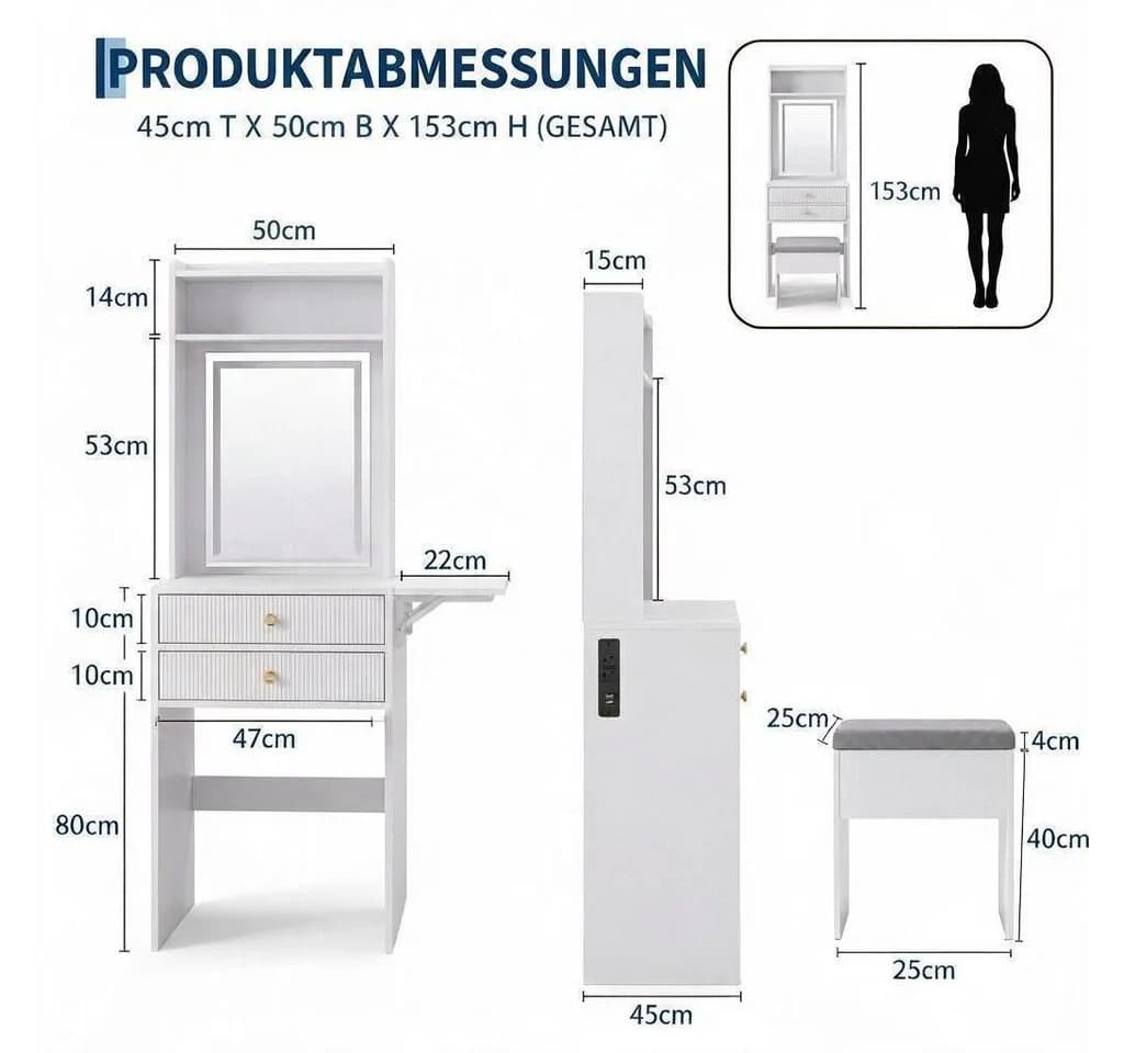 GarveeMore Schminktisch mit LED-Spiegel und Hocker Weiß/Gold - Bild 3