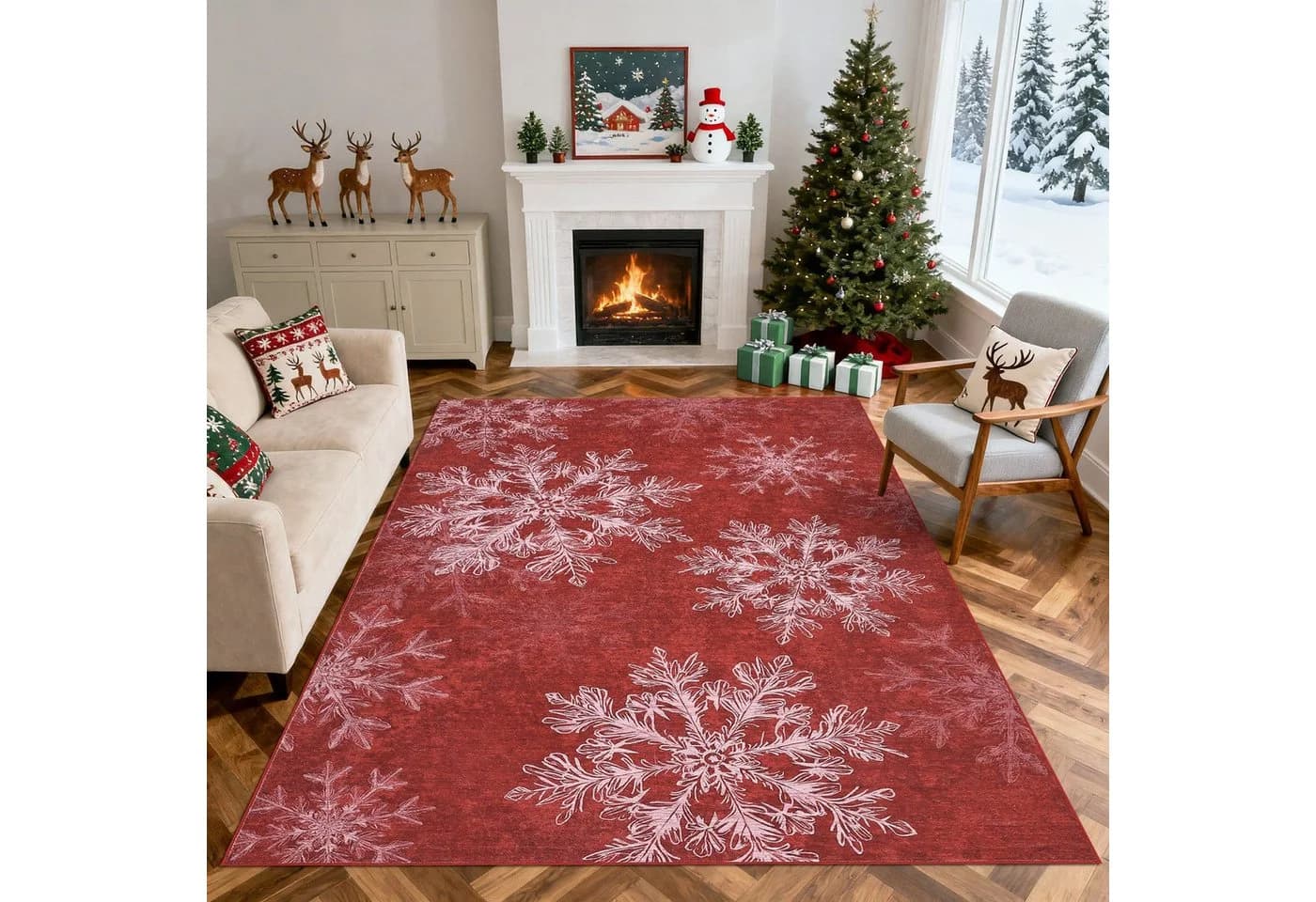 GarveeMore Vintage Weihnachtsteppich Dunkelrot mit Ethno-Muster