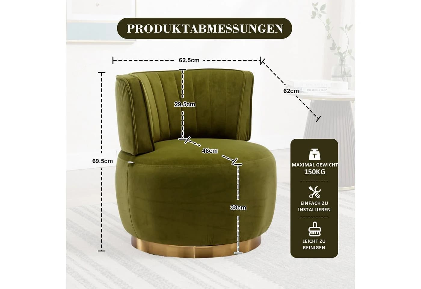 LVHOM Drehsessel 360° Grün Samt Ergonomisch - Bild 3