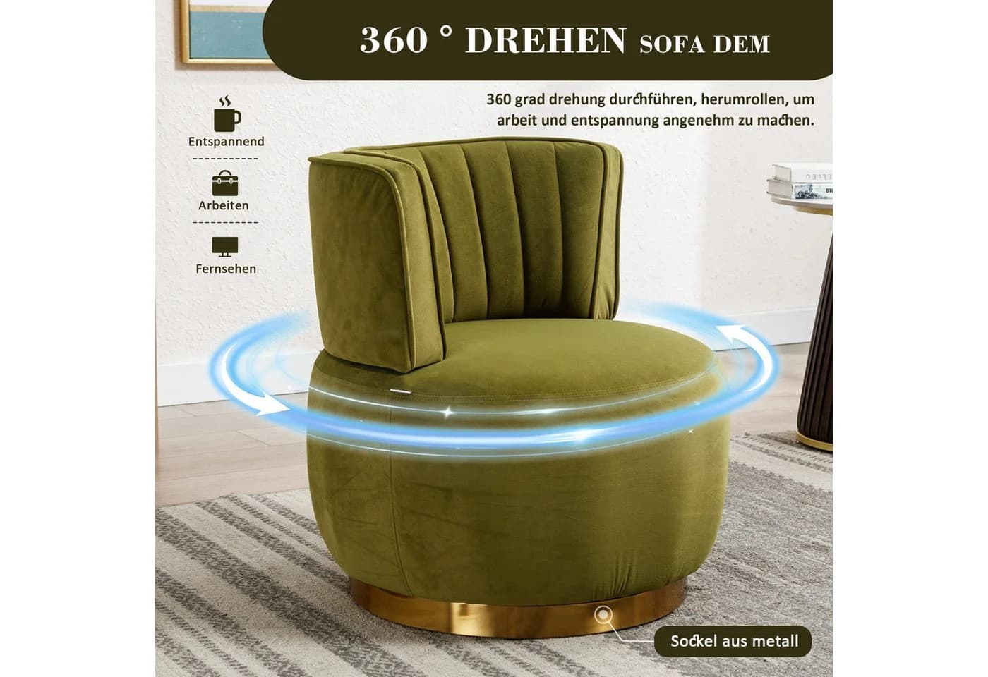 LVHOM Drehsessel 360° Grün Samt Ergonomisch - Bild 4