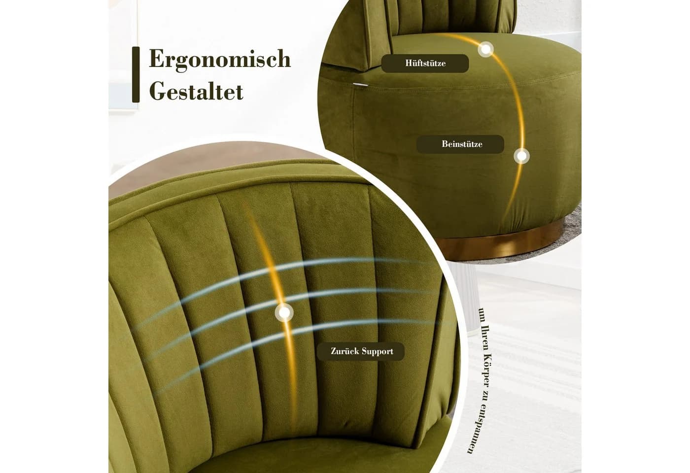 LVHOM Drehsessel 360° Grün Samt Ergonomisch - Bild 5