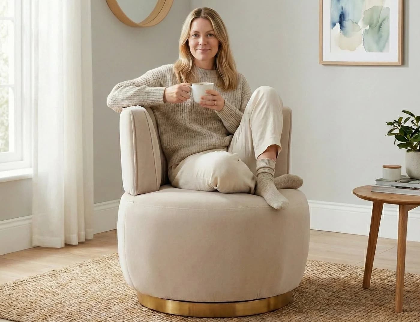 LVHOM Drehsessel 360° Beige Samt Ergonomisch - Bild 2