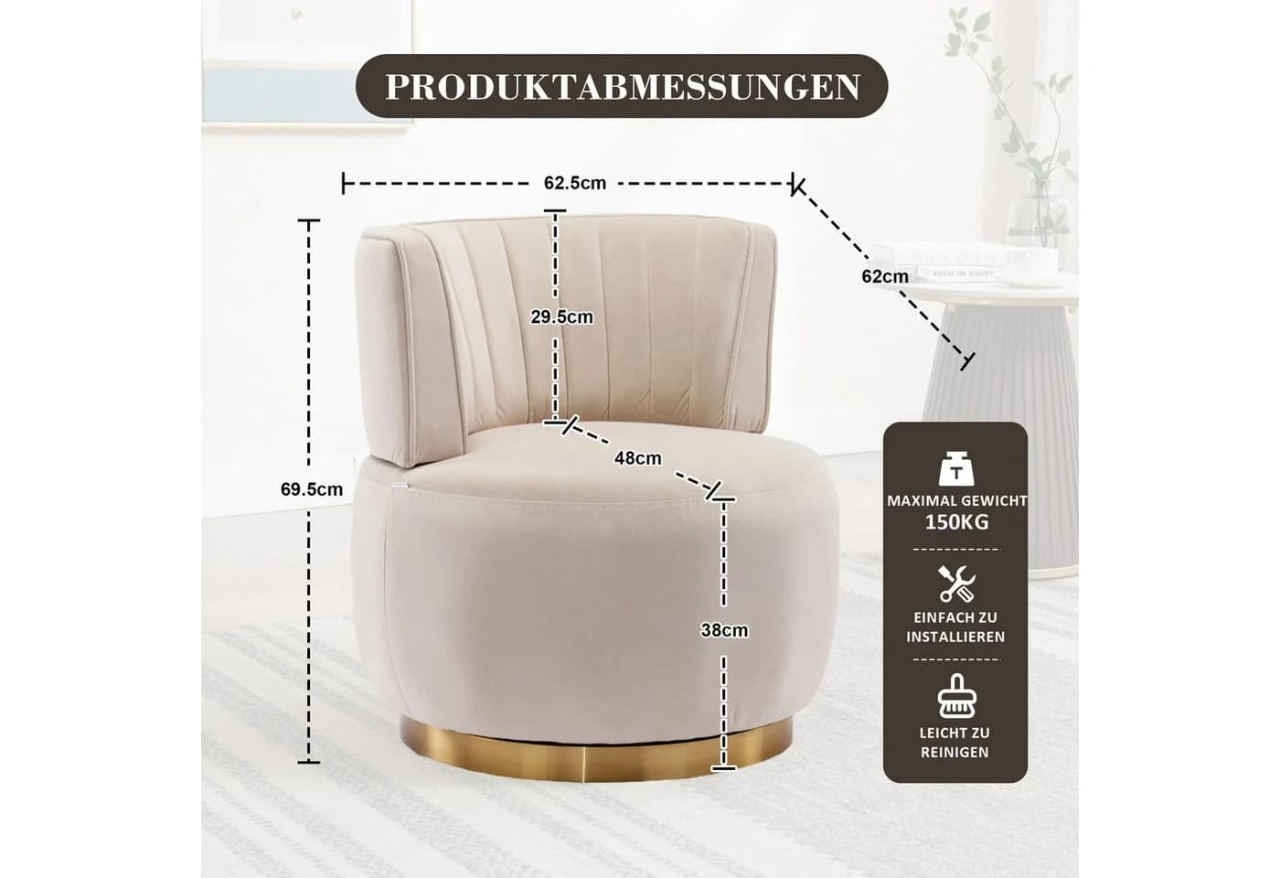 LVHOM Drehsessel 360° Beige Samt Ergonomisch - Bild 3